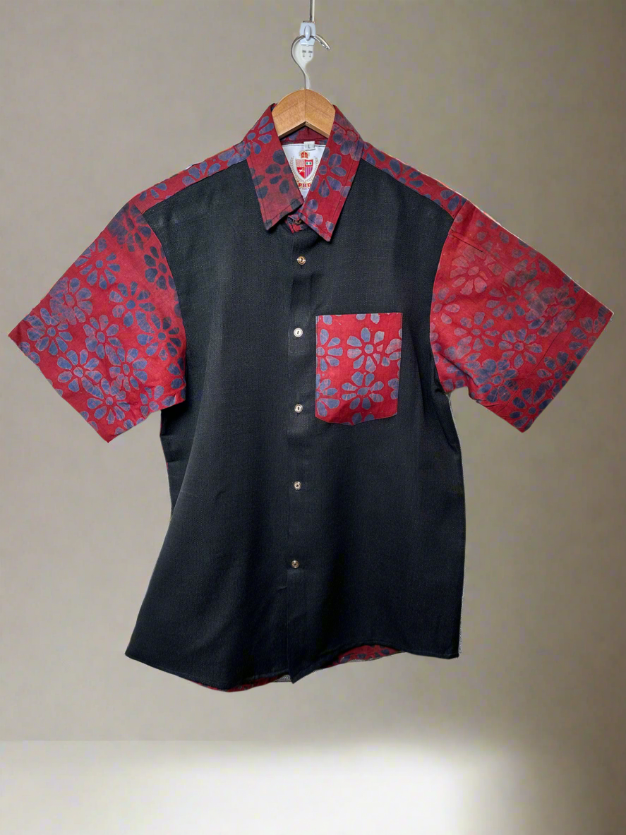Black Red Adire Linen Combo Shirt