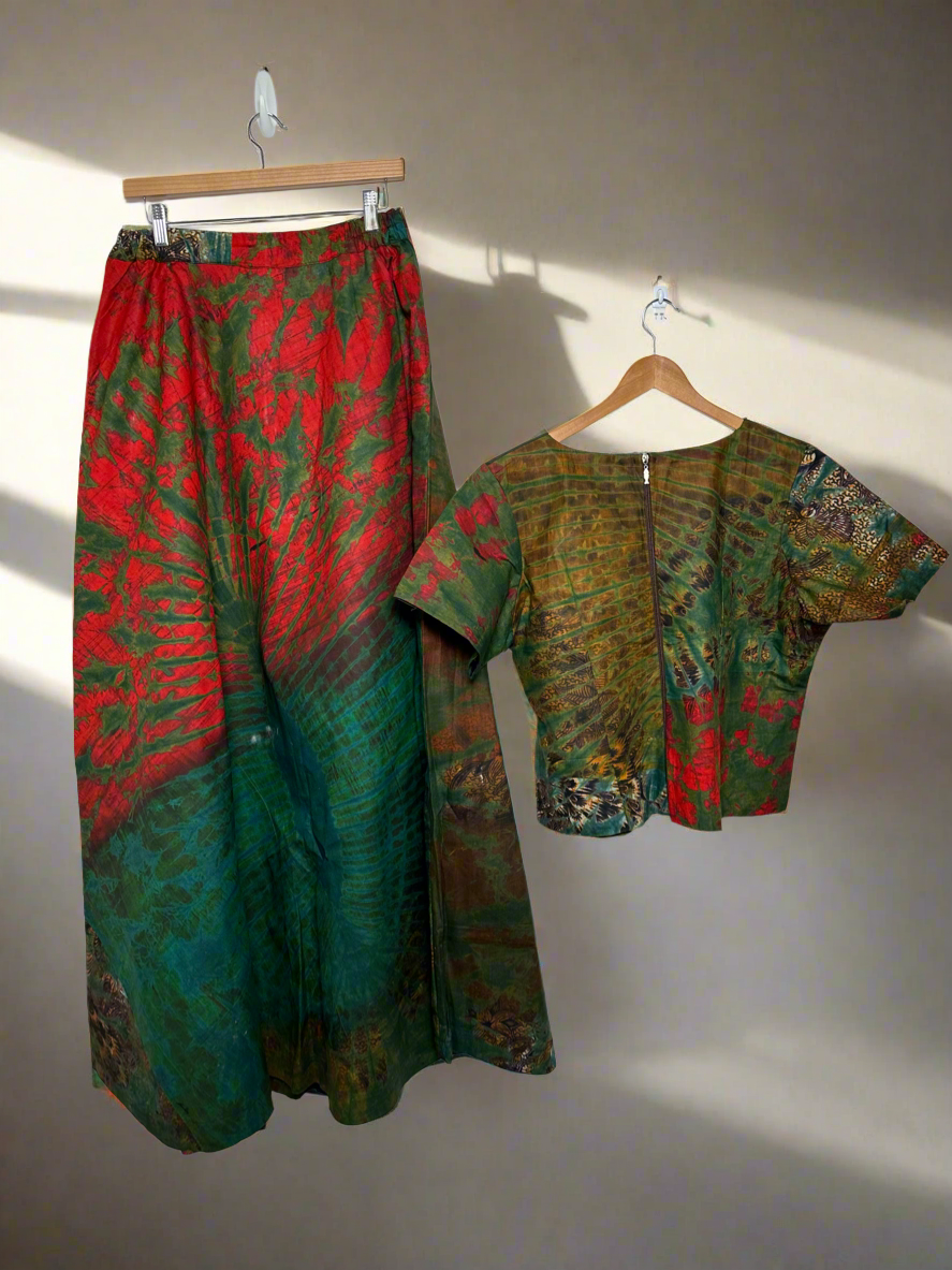 Green and Red Adire Top and Skirt