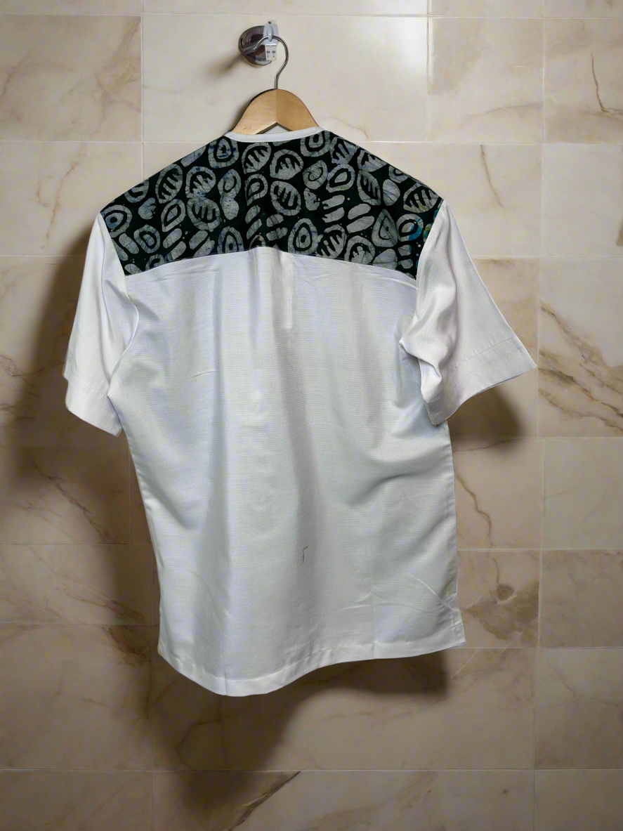 Green Adire White Linen Combo Shirt