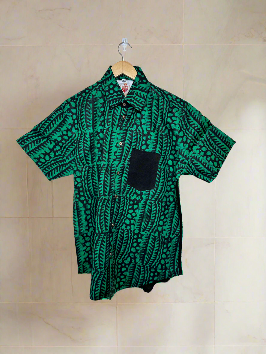 Green and Black Adire Combo Shirt