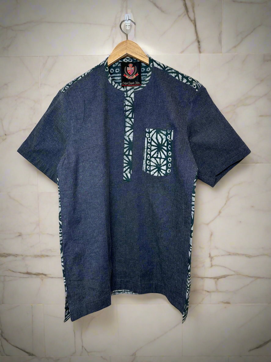 Blue Denim and Green Adire Combo Shirt