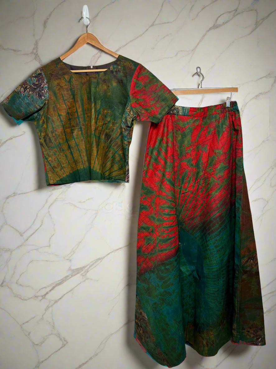 Green and Red Adire Top and Skirt