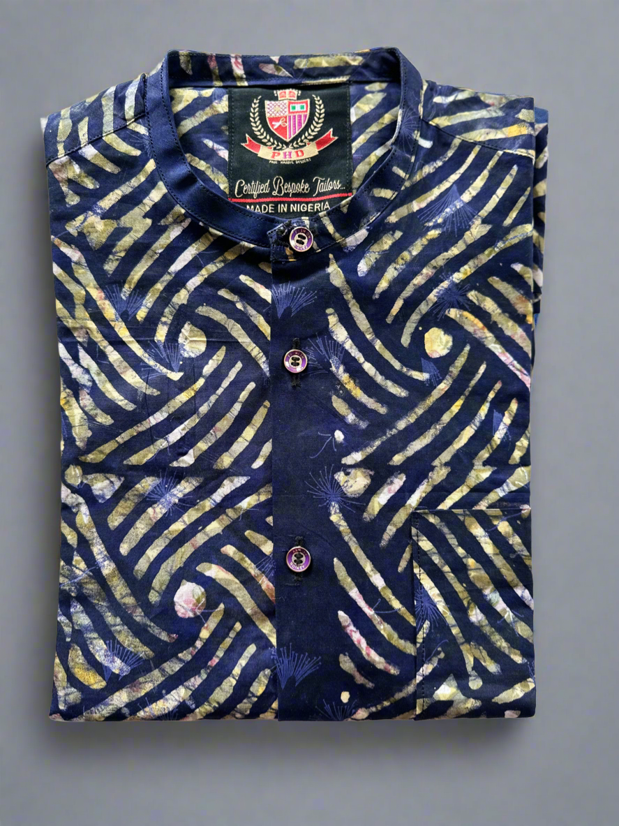 Navy Blue Collarless Buttoned Adire Shirt