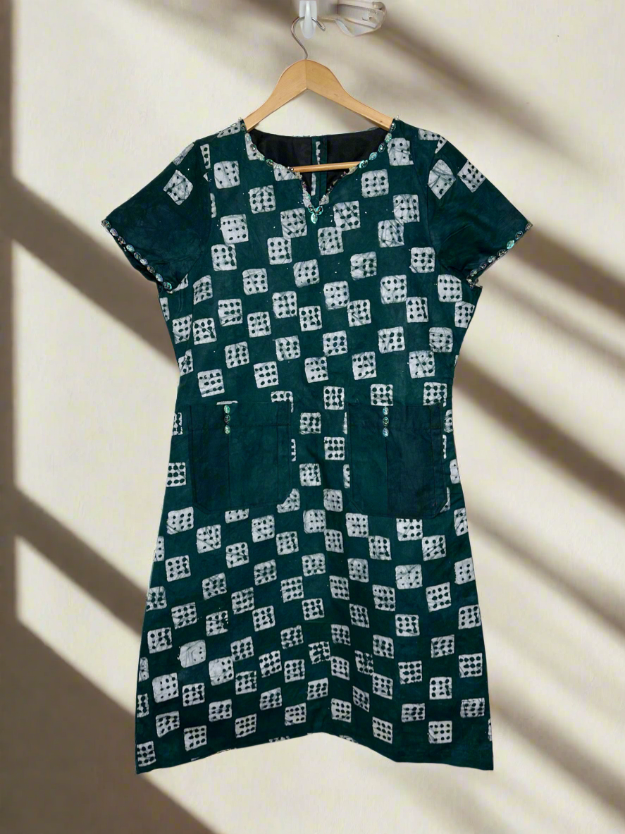 Green and White Adire Dress