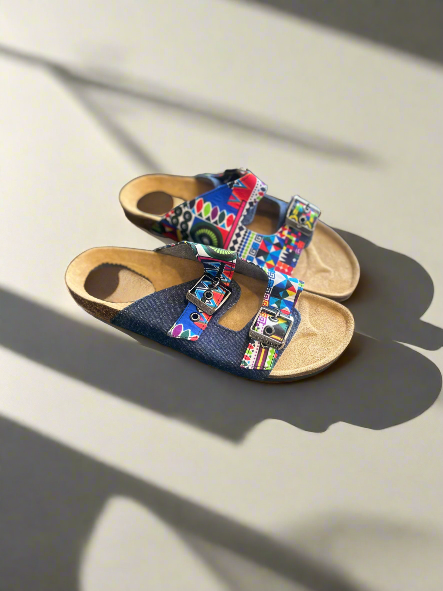 Multicoloured Ankara Denim Sliders
