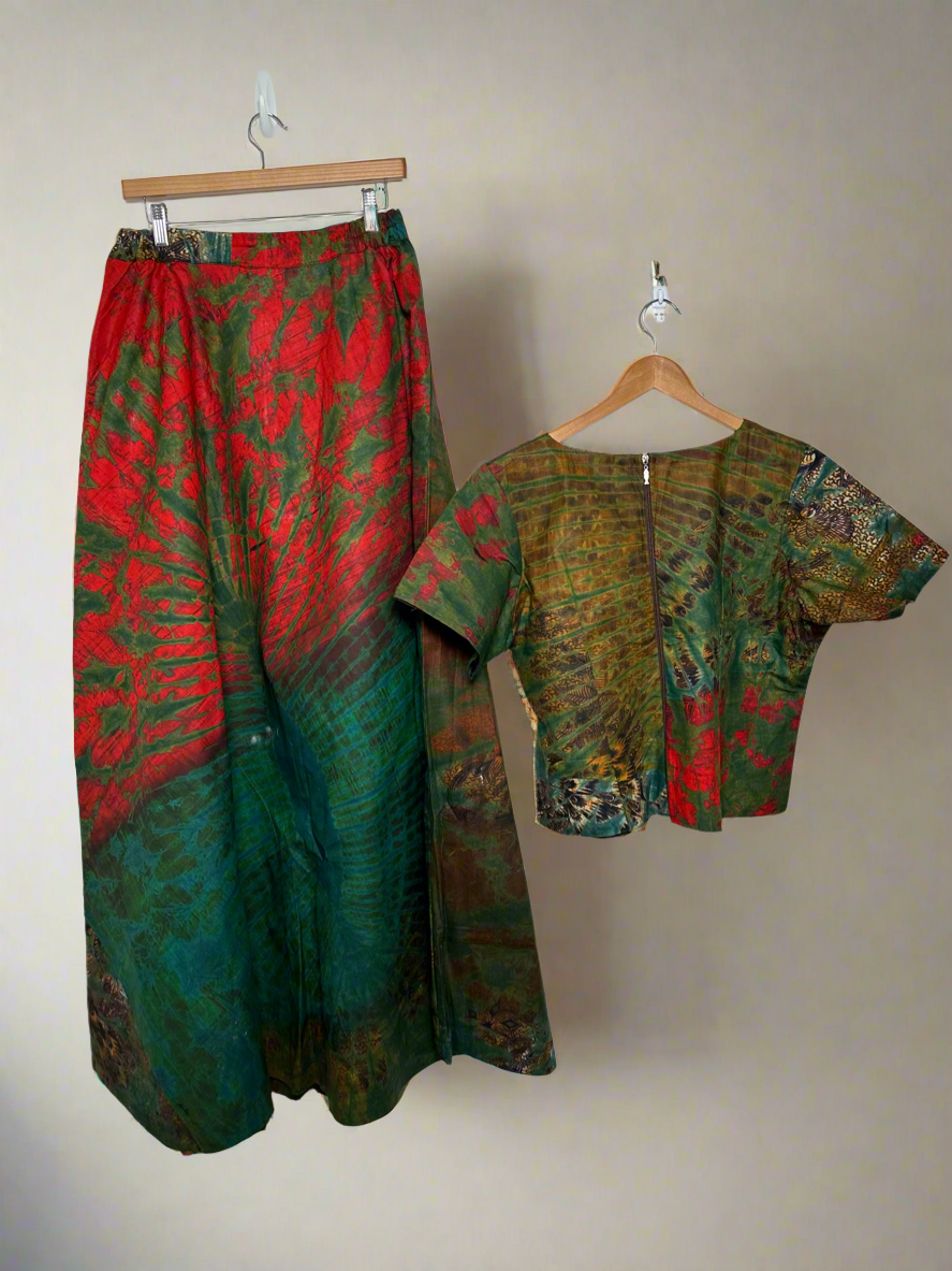 Green and Red Adire Top and Skirt