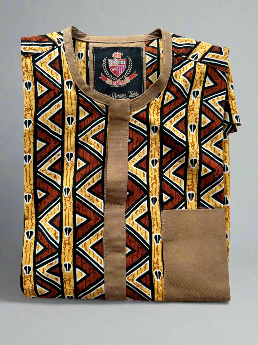 Collarless Savana Brown Ankara Shirt