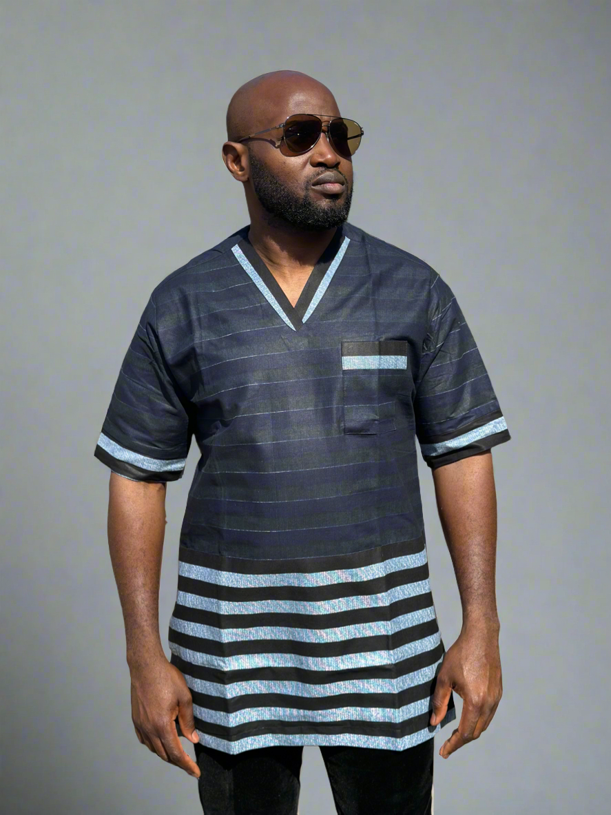 Blue Striped V-Neck Ankara Top