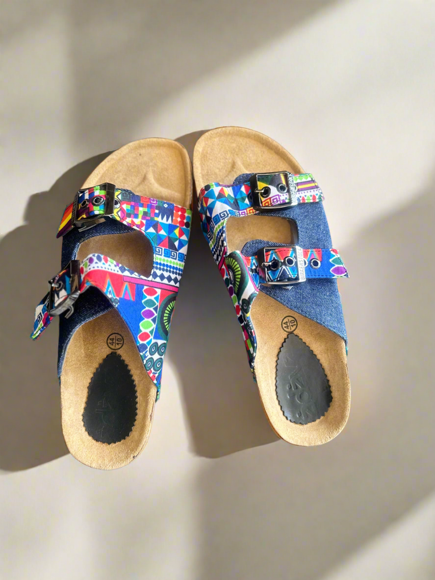 Multicoloured Ankara Denim Sliders