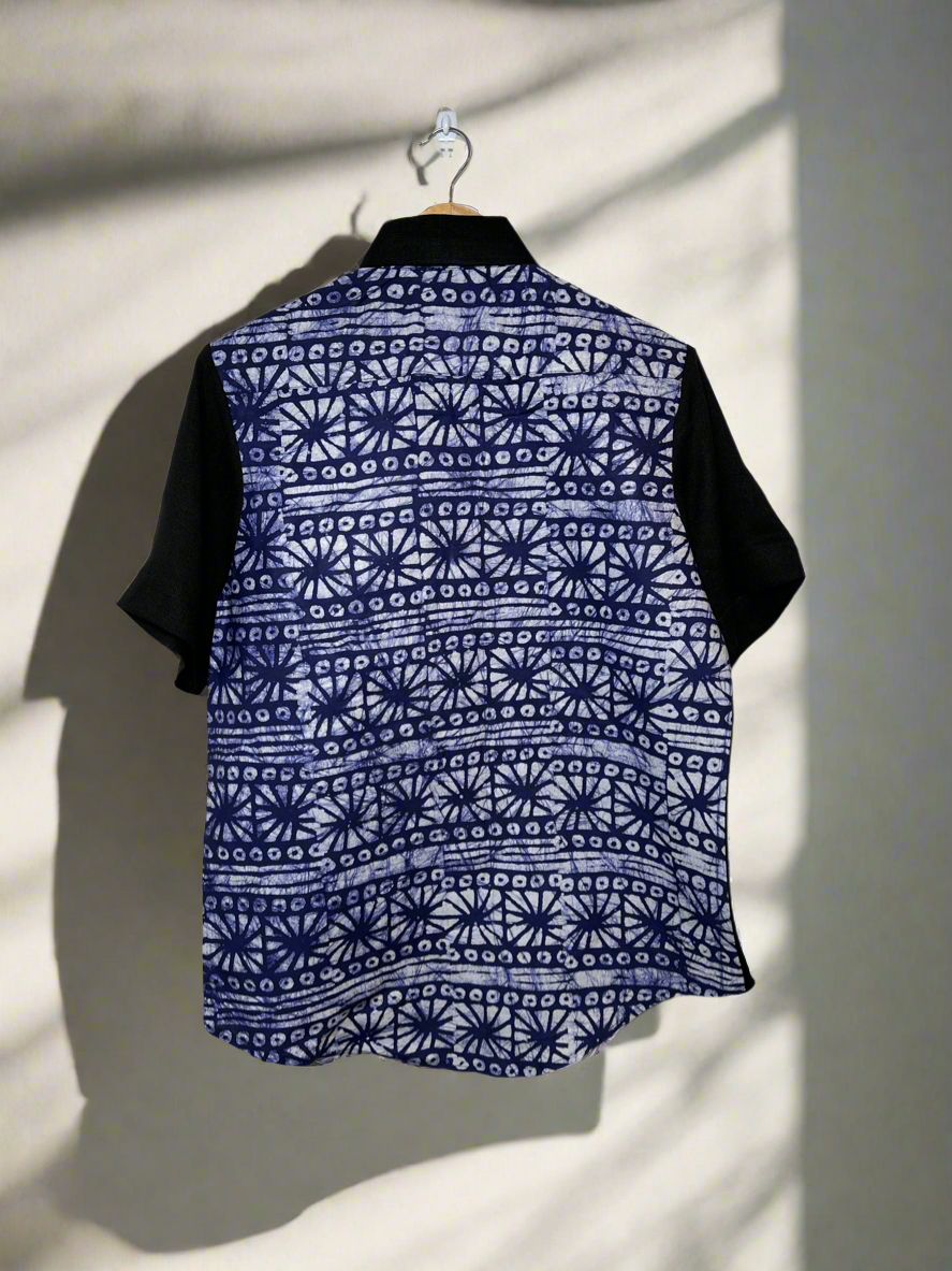 Blue Adire and Black Fabric Combo Shirt