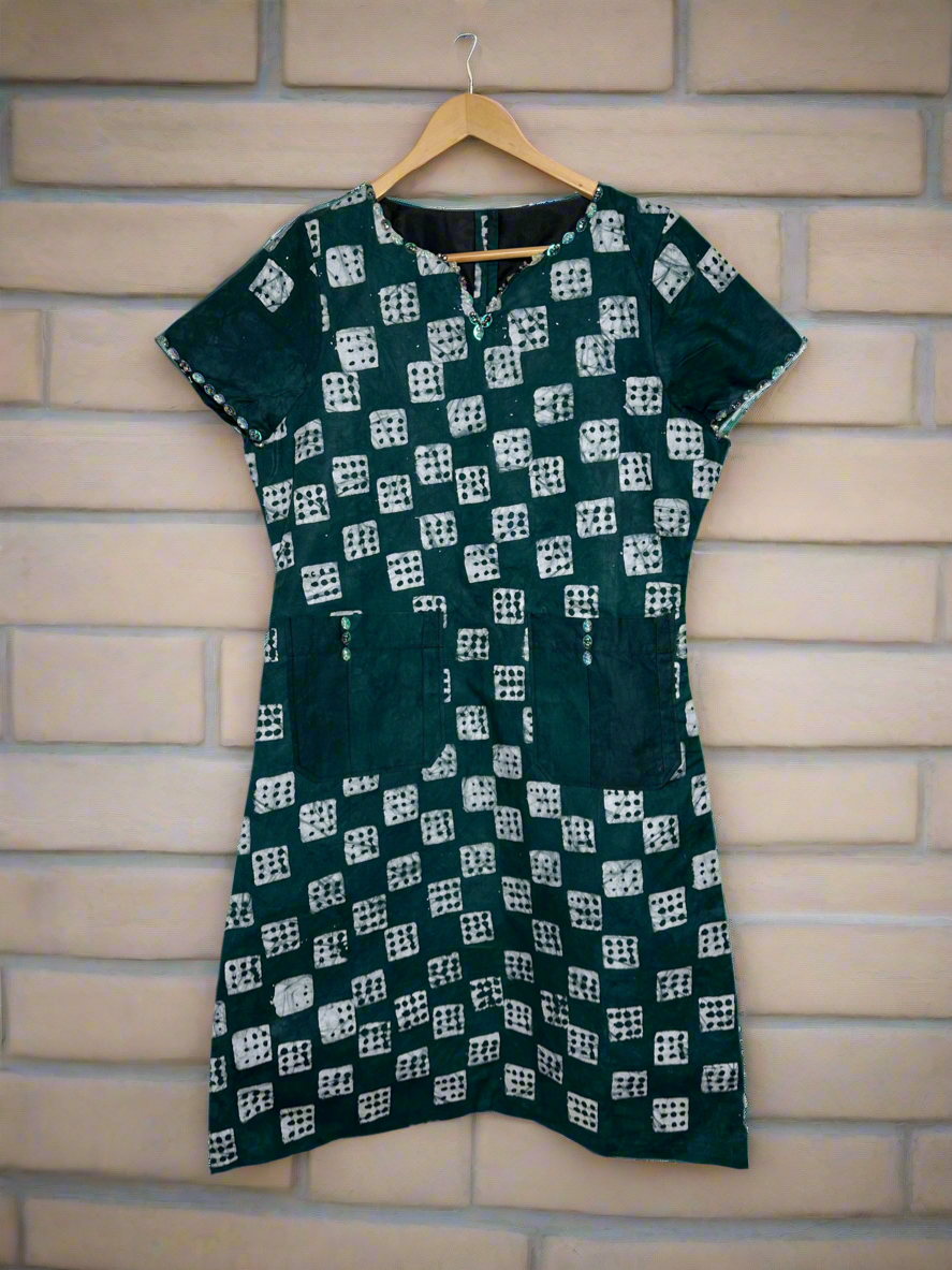 Green and White Adire Dress