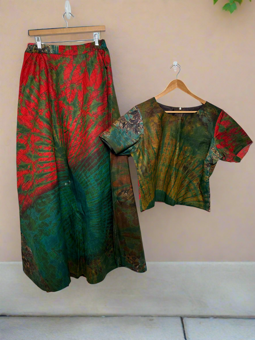 Green and Red Adire Top and Skirt