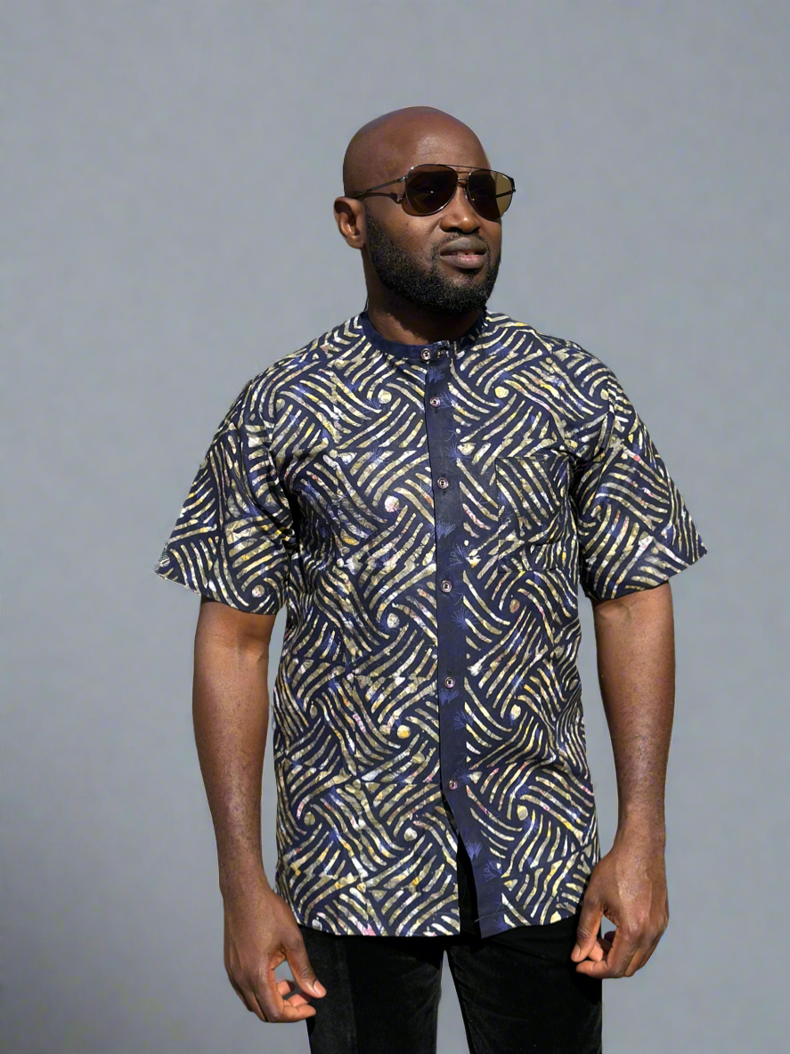 Navy Blue Collarless Buttoned Adire Shirt
