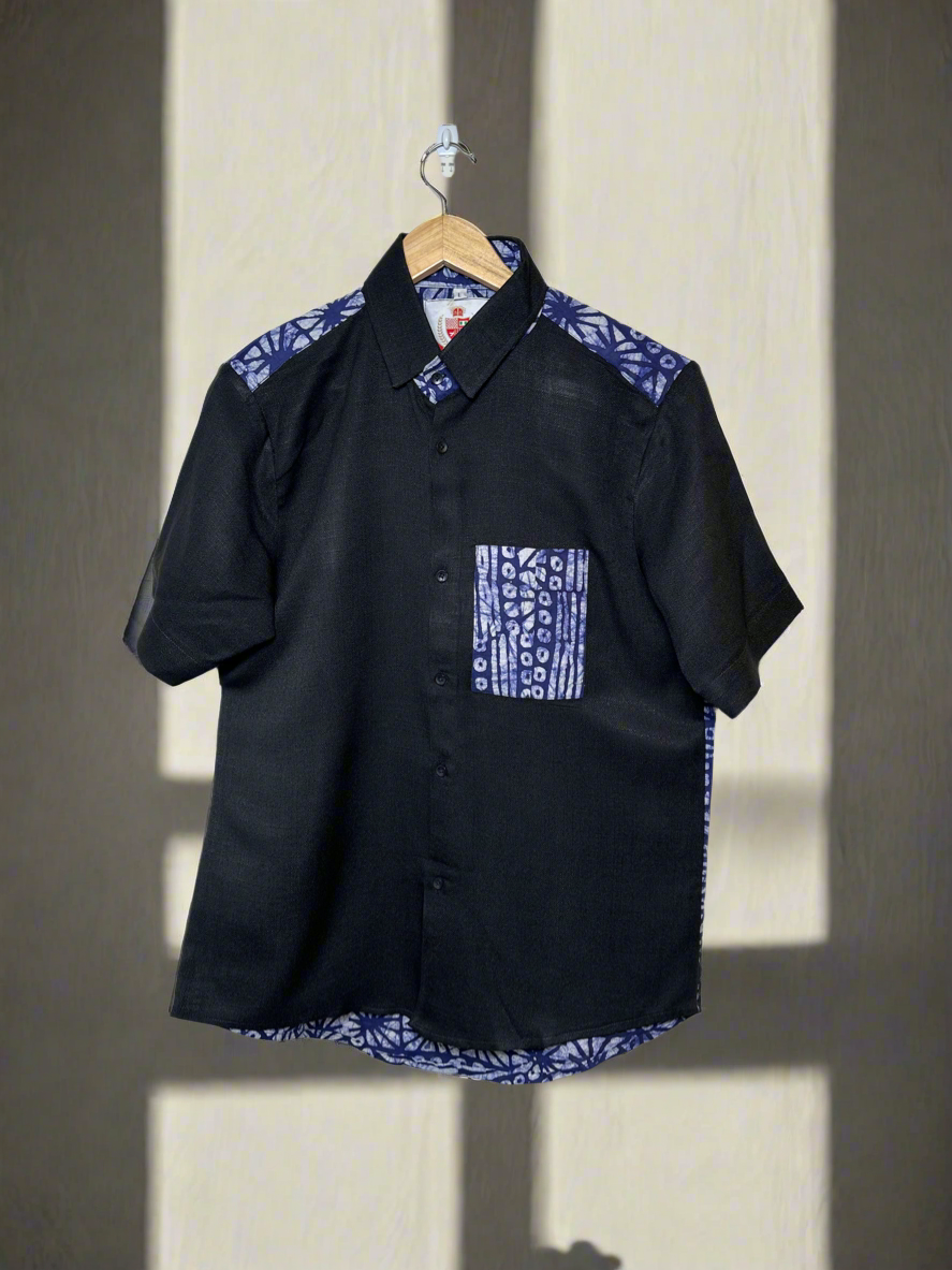 Blue Adire and Black Fabric Combo Shirt