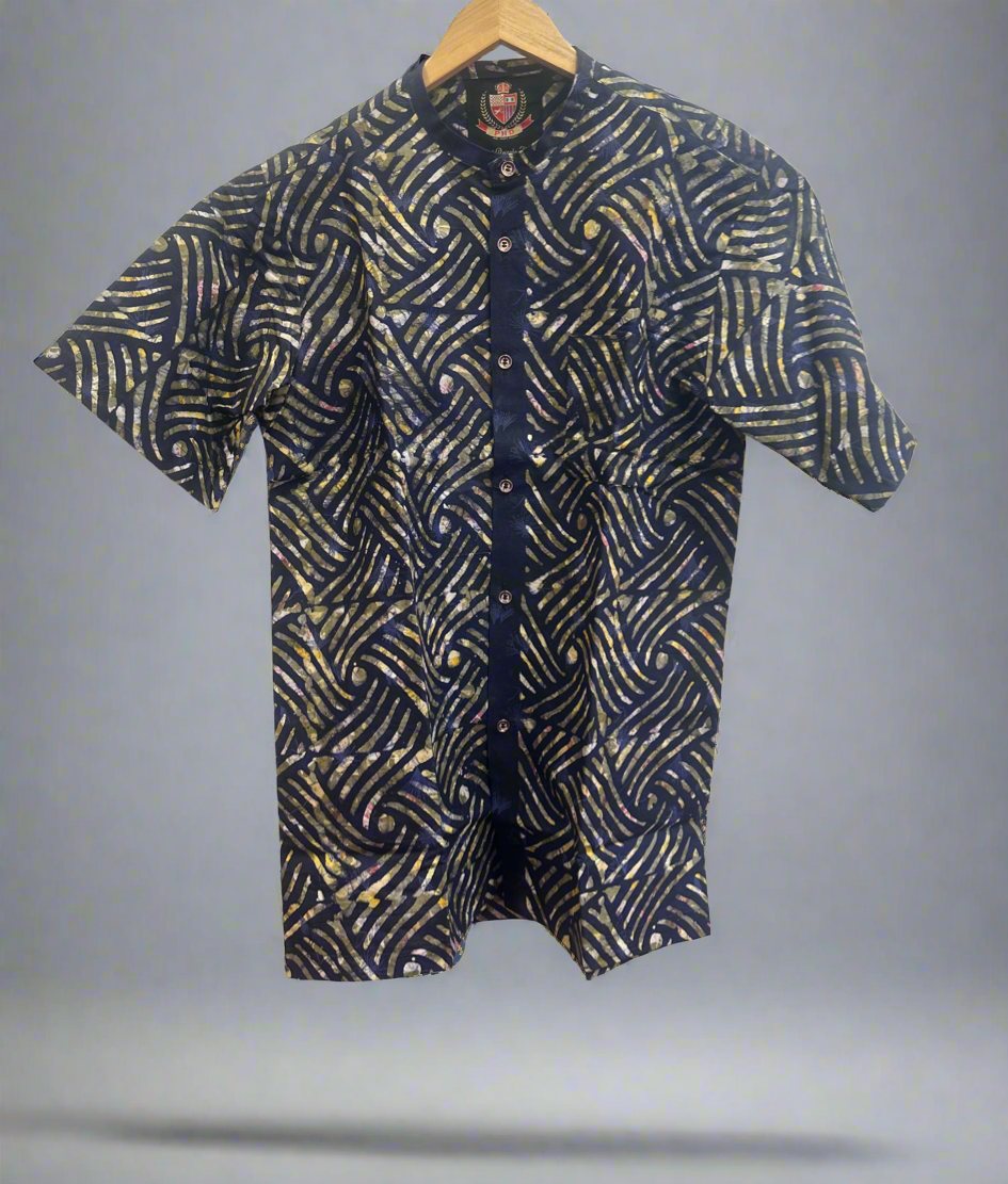 Navy Blue Collarless Buttoned Adire Shirt