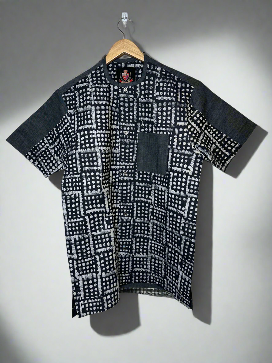 Blue Adire and Denim Shirt