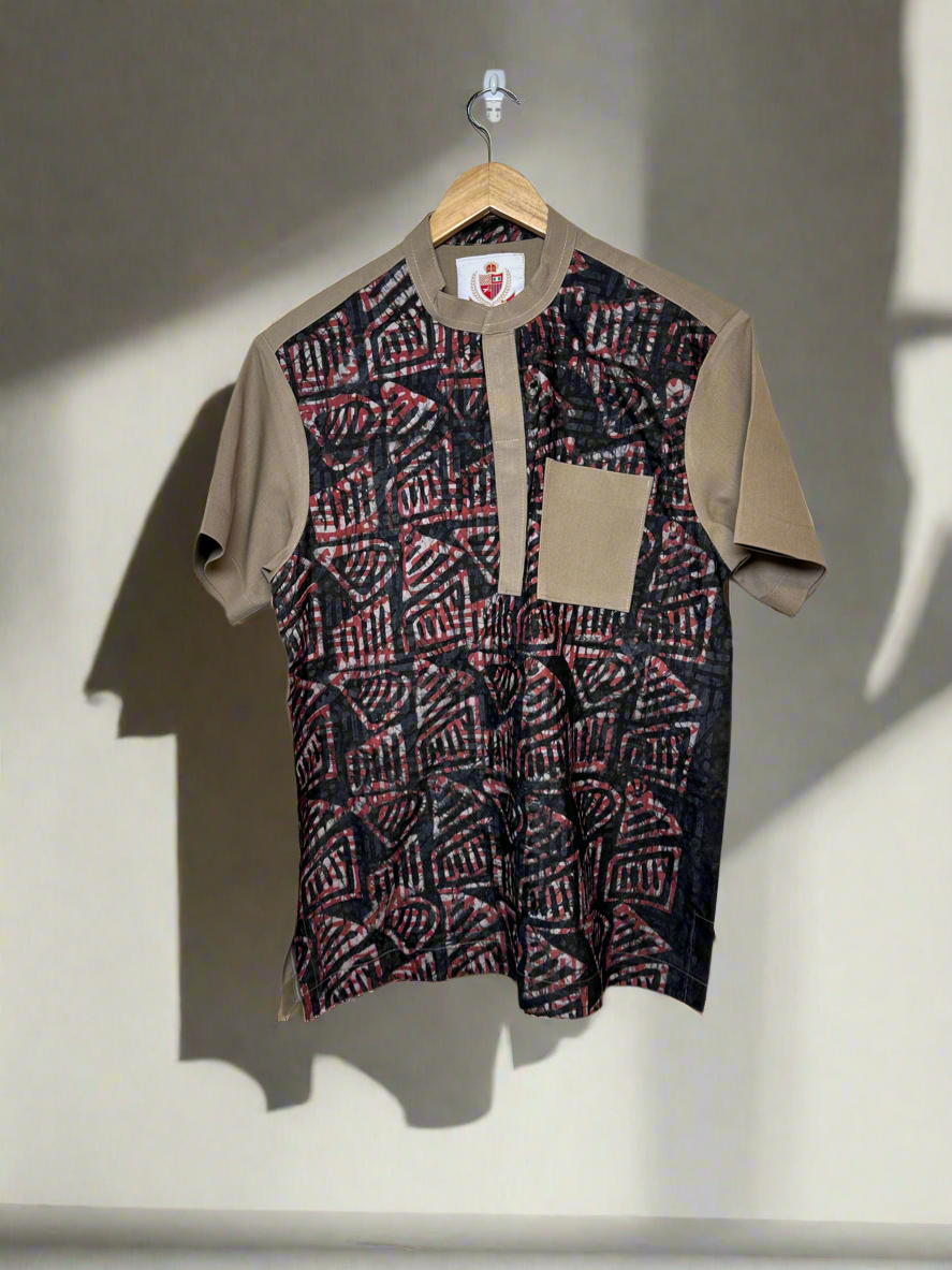 Red and Brown Adire Combo Shirt