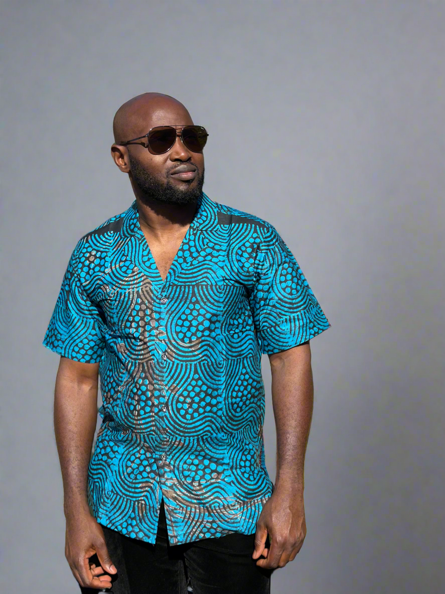 Turquoise Adire Cuban Colar Shirt