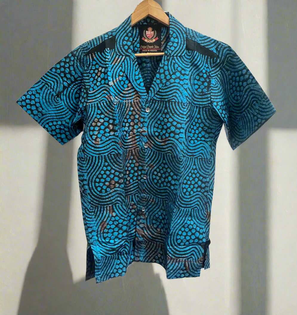 Turquoise Adire Cuban Colar Shirt