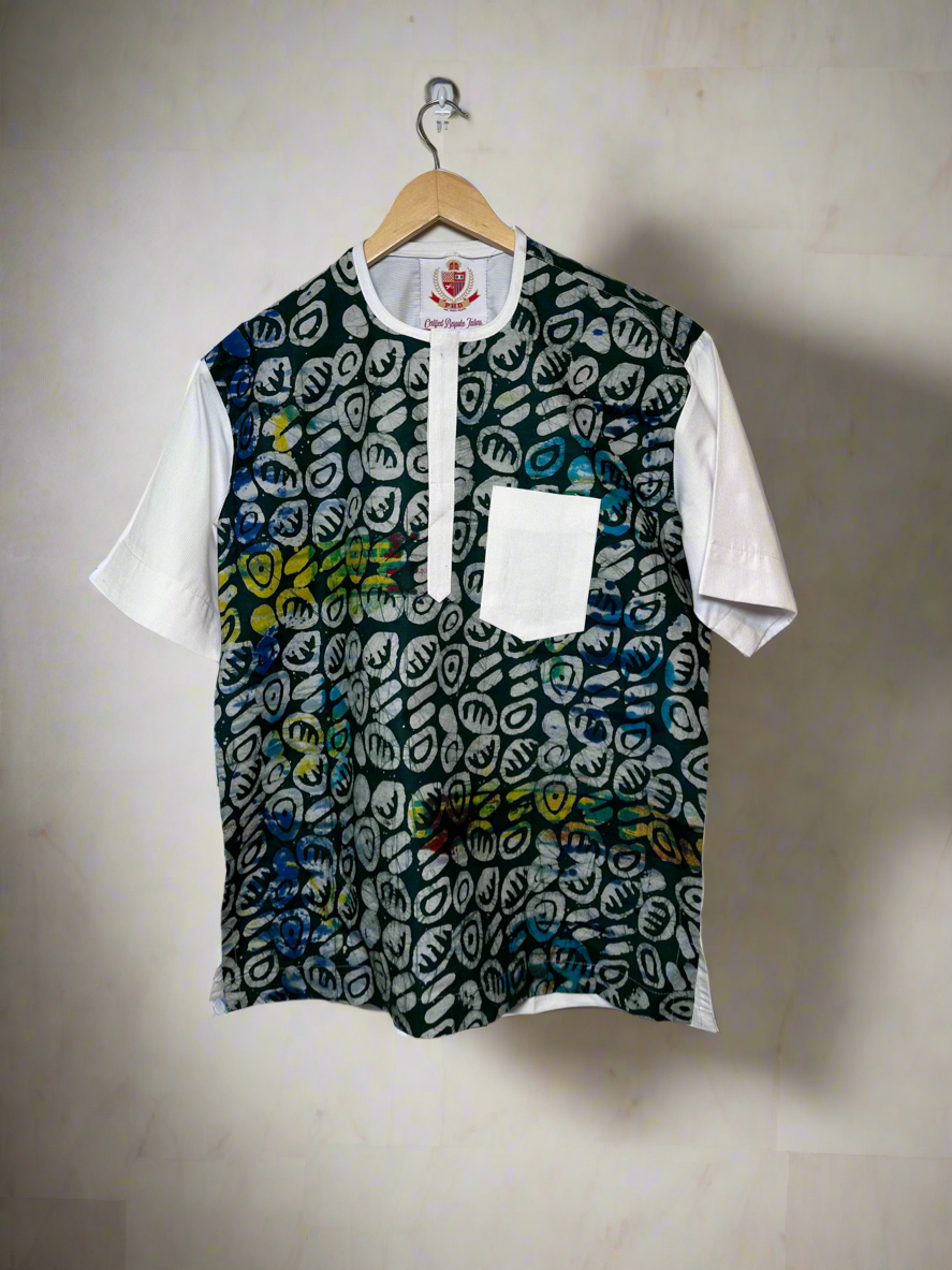 Green Adire White Linen Combo Shirt
