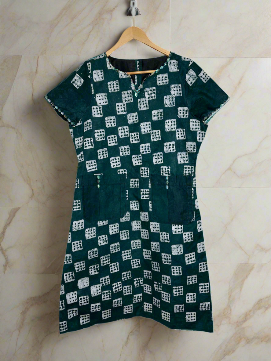 Green and White Adire Dress