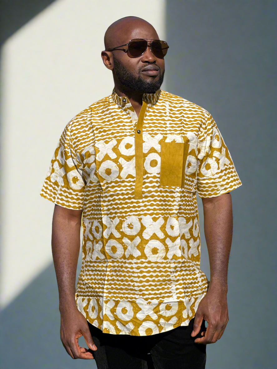 Yellow Bishop Colar Adire Shirt