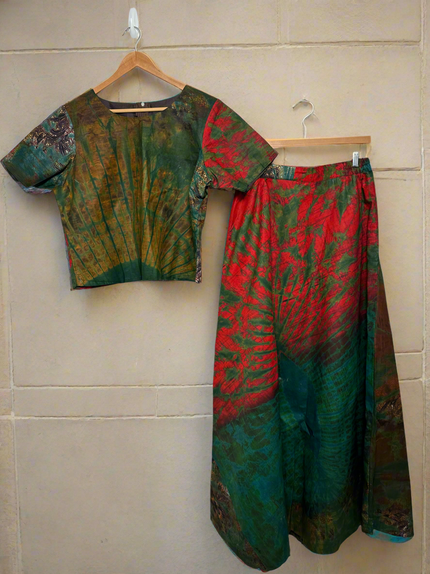 Green and Red Adire Top and Skirt