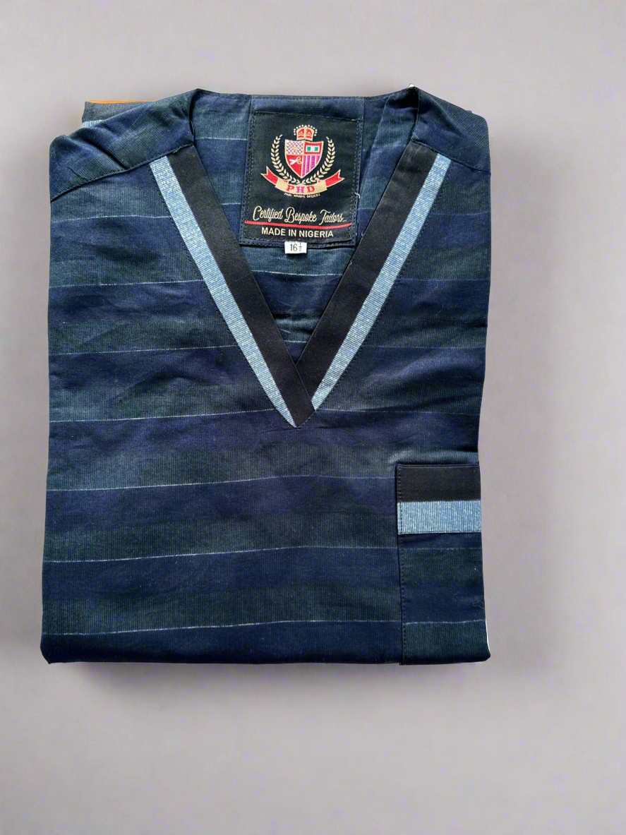 Blue Striped V-Neck Ankara Top