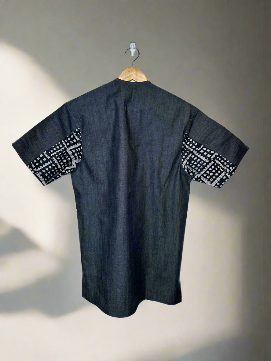 Blue Adire and Denim Shirt