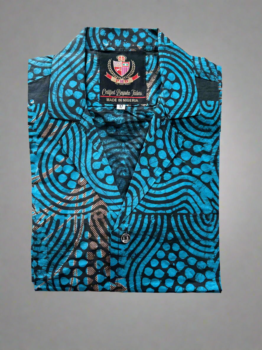 Turquoise Adire Cuban Colar Shirt