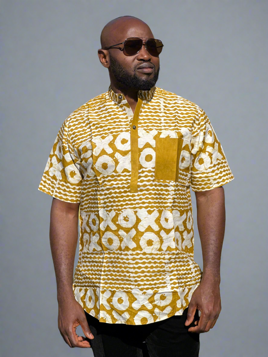 Yellow Bishop Colar Adire Shirt