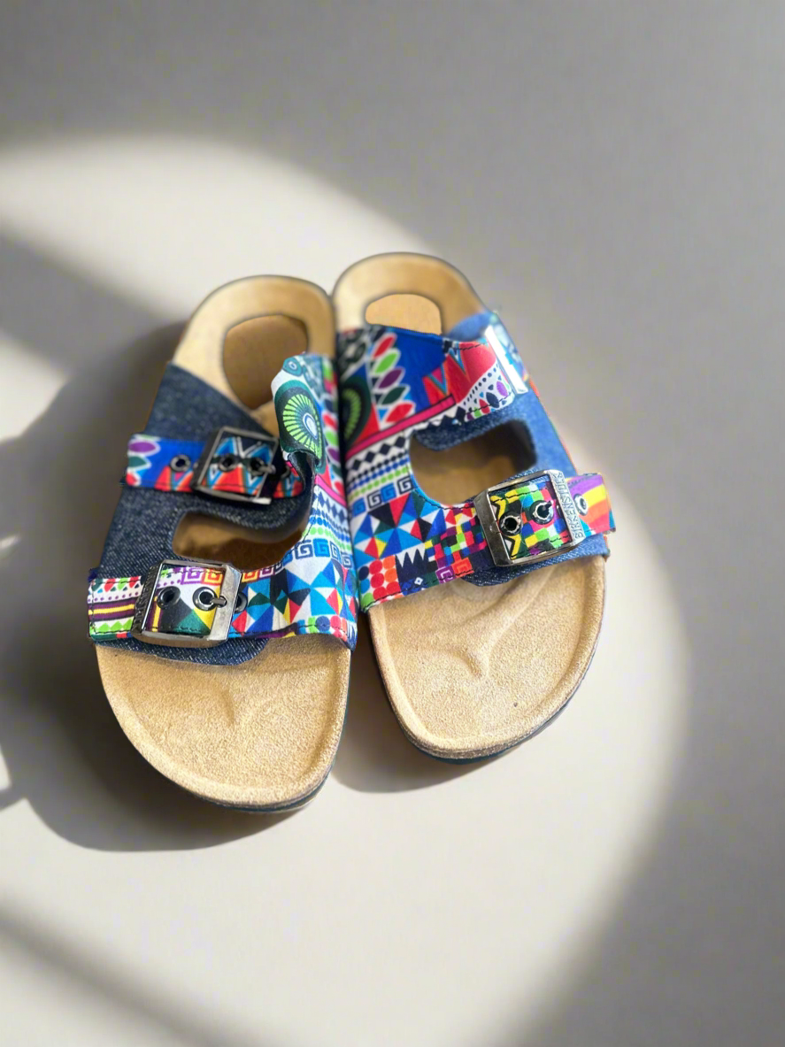 Multicoloured Ankara Denim Sliders