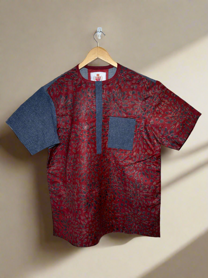 Blue Denim and Red Adire Combo Shirt