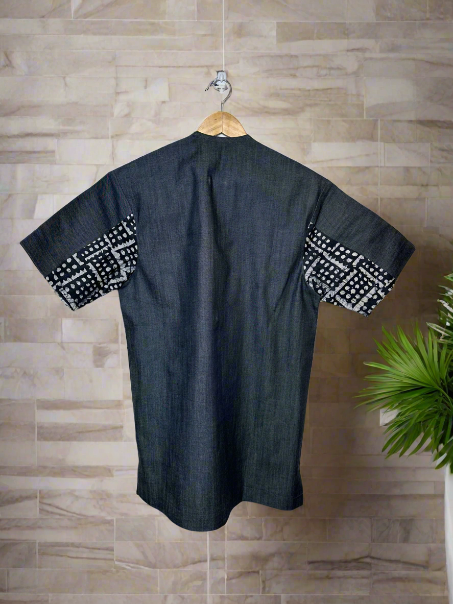 Blue Adire and Denim Shirt