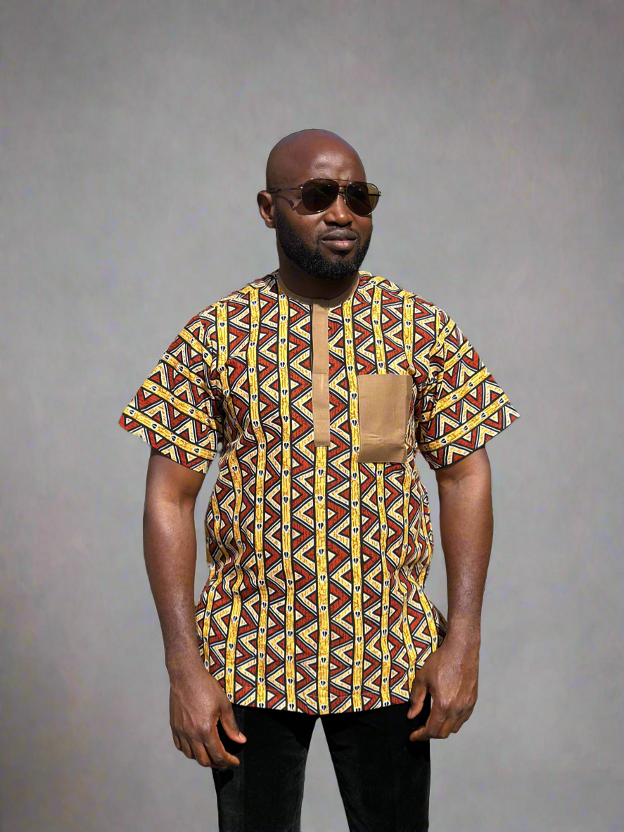 Collarless Savana Brown Ankara Shirt