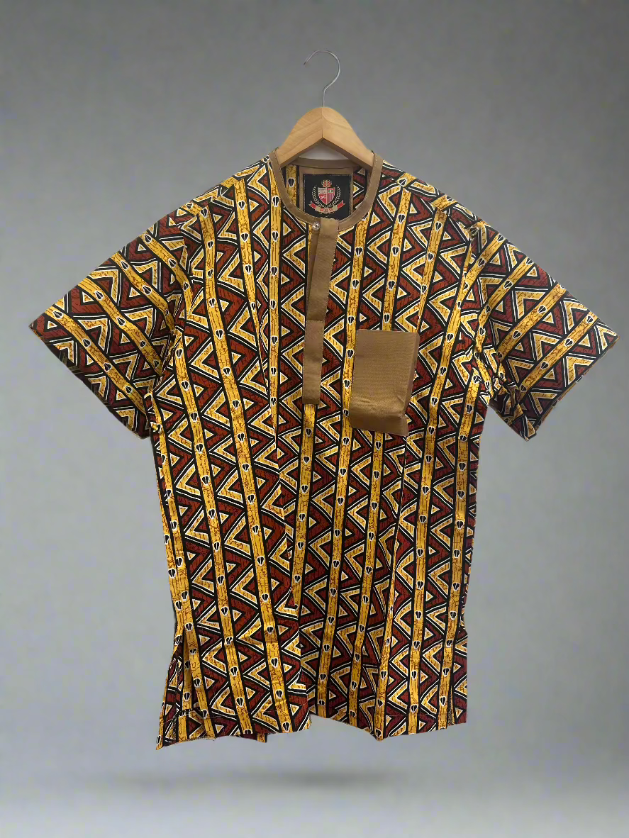 Collarless Savana Brown Ankara Shirt