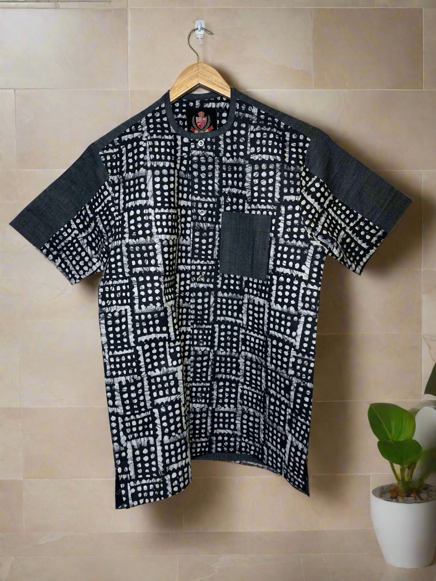 Blue Adire and Denim Shirt