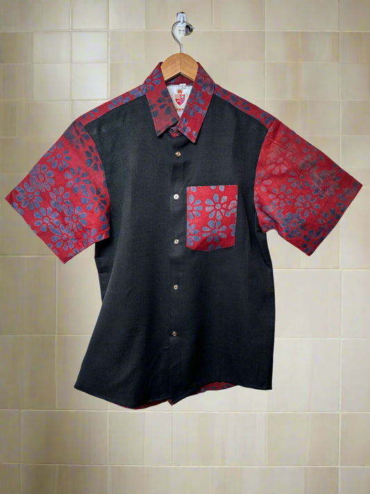 Black Red Adire Linen Combo Shirt