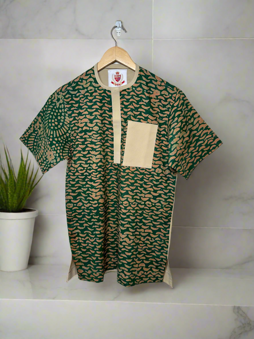 Green and Cream Adire Combo Shirt