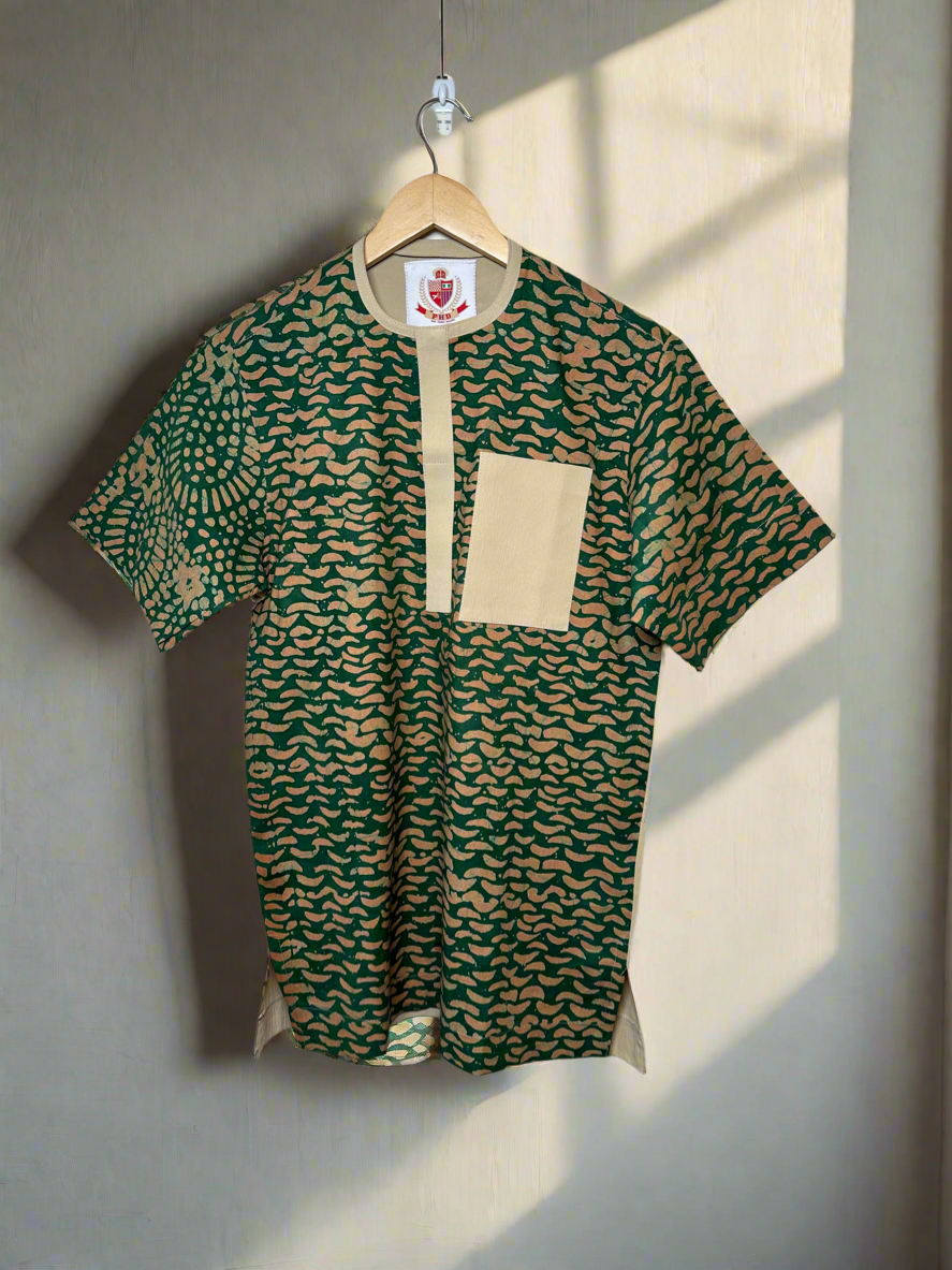 Green and Cream Adire Combo Shirt