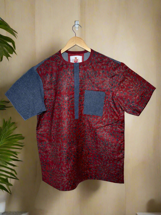 Blue Denim and Red Adire Combo Shirt