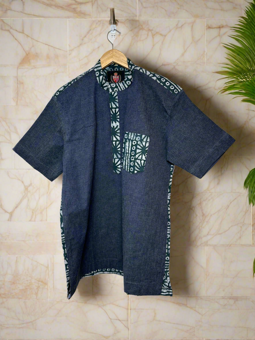 Denim and Green Adire Combo Shirt