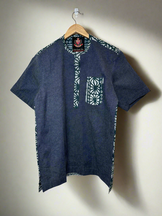 Blue Denim and Green Adire Combo Shirt