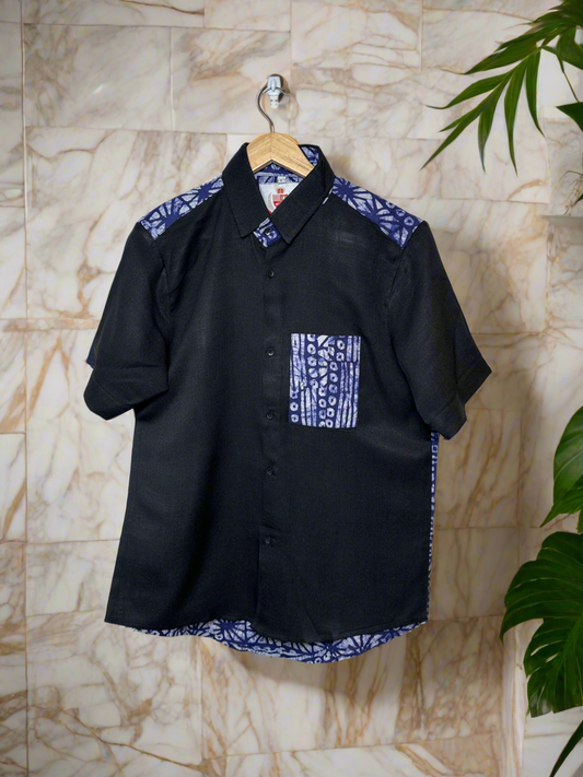 Blue Adire and Black Fabric Combo Shirt