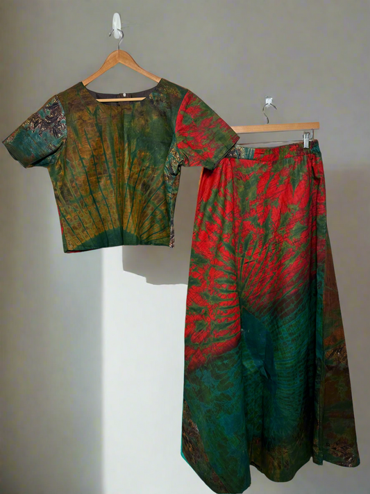 Green and Red Adire Top and Skirt