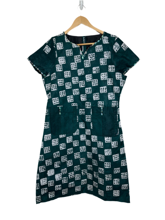 Green and White Adire Dress