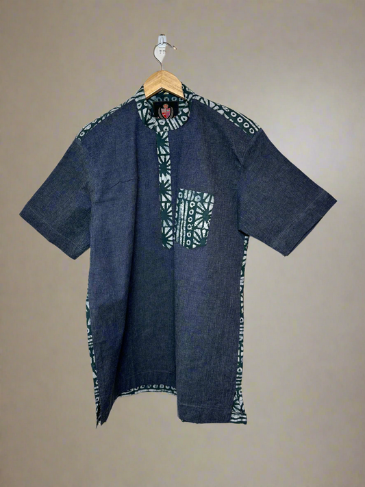 Denim and Green Adire Combo Shirt